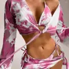 Maillots de bain pour femmes Tie-Dye Bikini Set Imprimer avec jupe de couverture Haut à manches longues pour femmes Maillot de bain sexy Cordon de serrage