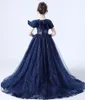 Beauté Bleu Marine Tulle/Dentelle Bijou Applique Perles Train Robe De Fille De Fleur Robes De Concours De Fille Robes De Fête/Anniversaire Jupe De Fille Personnalisée SZ 2-12 D319023