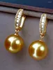 Stud Earrings Gorgeous 10-11mm South China Sea Round Gold Pearl Pendant 925s