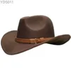 Szerokie brzegowe czapki wiadra duże duże size w size kobiety retro kobiety wełna kowbojska western hat Cowgirl Funeral Formal Bowler Cap Camel Skórzany (61 cm 240319