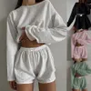 Mulheres pijamas conjunto primavera manga longa topos com shorts sleepwear 2 peça conjunto solto em torno do pescoço casa wear loungewear pijama femme 240314