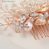 Tiaras Fashion Wedding Rose Gold Comb Headdress Pearl Rhinestone Hair Accessories Bride Handmade Tiara Ladies Prom Jewelry Y240319