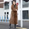 Jaquetas femininas imitação de pele casaco leopardo impressão extra longo terno colarinho moda vento europeu e americano outono inverno