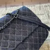 Womens Vintage Dark Blue Denim Maxi XXL Airport Shoulder Bags Silver Metal Hardware Matelasse Chain Crossbody Handbags Multi Pochette Daily Travel Luggage 46x27CM