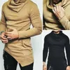 Hoodies masculinos gola pilha manga longa bolso meados de comprimento casual moletom adolescente primavera outono bainha irregular pulôver topo