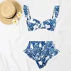 Damen-Bademode, Resort-Stil, Bohemia, Rüschenärmel, Bandeau-BH, hohe Taille, Badeset, Blumendruck, Bikini, Damen, Sommer, 2 Stück