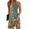 Casual Dresses Vintage Floral Print Dress Bohemian Summer For Women V-Neck A-Line Cut Lople Fit Vacation Fashion Supply