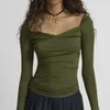 Koszulki kobiet gotycka czarna jesień 2024 głębokie w szpic sexy kobiety z przodu przemieszczony krzyż pomarszczone koszulki zimne ramię bez tyłu