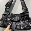 Evening Bags Moto & Biker Bag For Women Luxury Designer Handbags And Purses 2024 In Multiple Pockets Beat Knot Rivet Wide Straps Shoulder