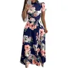 Vestidos casuales Vestido de cintura ajustada Estampado floral Maxi con cuello falso con cinturón Swing de una línea para verano Tobillo de primavera