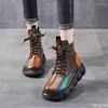 Buty zwykłe 2024 Autumn Mixed Color Kobiety but moda okrągłe palce koronkowe w górę retro ręcznie robioną platformę kostki buty krótkie