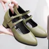 Туфли больших размеров, двубортные, с пряжками, на толстом каблуке Мэри Джейн, армейский зеленый, с вырезами, женские туфли на высоком каблуке, 2024