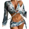 Maillots de bain pour femmes Tie-Dye Bikini Set Imprimer avec jupe de couverture Haut à manches longues pour femmes Maillot de bain sexy Cordon de serrage