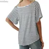 Kvinnors t-shirt sommar mode casual stripe t-shirt kvinnor skev krage bred knut kort ärm topsc24319