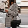 Mulheres ternos blazers feminino xadrez duplo breasted manga longa solto blazer entalhado elegante escritório senhoras topos casual streetwear outono fas