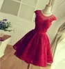 Aline round Sheer Neck Short Red Lace Prom Dress Sleeveless Bridesmaid Dress Simple Knee Length Hollow Back with Laceup Homecomi8171103