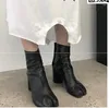 Boots Botines Mujer 2024 Chunky High Heel Short Ankle For Woman Square Toe Black Patent Leather Rain Luxury Tabi Bottes