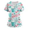 T-shirts pour femmes T-shirts à motif de dessin animé mignon Uniforme Femmes Dessert Print Scrubs Travail Blouse à manches courtes Tops d'allaitement