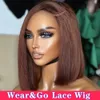 Perruque Bob Lace Front Wig naturelle lisse, sans colle, brun chocolat, coupe courte, 13x4, HD, peau fondue, fermeture en dentelle