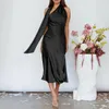 Women Casual Dresses Halter Sleeveless Bridesmaid Dress Backless Satin Split Bodycon Midi Pencil Dress