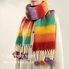 Lenços Mulheres Inverno Cachecol Imitação Cashmere Colorido Malha Com Bola De Pele Borlas Quente Stripe Patchwork Cores Xales