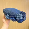 Bérets Printemps Automne Denim Chapeau Pour Femmes Filles Couleur Unie Casual Coton Bonnet Avec Fleur De Camélia Casquettes De Peintre Réglables