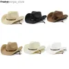 Chapéus de aba larga Bucket Chapéus Mens Western Cowboy Hat Str Knight Sun Hat Mens Vintage Beach Hat Summer Holiday Travel Fedora Proteção UV Óculos de equitação Y240319