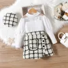 Conjuntos de roupas da criança menina primavera 3pcs saias outfit com nervuras camisa de manga longa top xadrez t houndstooth mini saia boina roupas de bebê