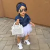 Giyim Setleri Yaz Çocuk Giysileri Bebek Kızlar Sıraslı Katı Uzun Kollu Denim Gömlek Üst Beyaz Pileli Etek Kafa Bandı Toddler