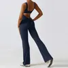 V Back Scrunch Gym Set Women Sport Onepiece Suit Yoga Fleared Pants Sports Jumpsuit Fitness Rompers Workout Bodysuits 240307