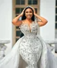 Luxe zeemeermin trouwjurk diamant kralen kant lange mouw afneembare trein bruidsjurk vestidos de Novia Arabische Aso Ebi