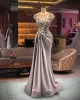 Arabic Aso Ebi Silver Mermaid Luxurious Prom Dresses Sheer Neck Beaded Crystals Evening Formal Party Second Reception Gowns Dress