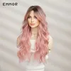 Synthetische pruiken Kanten pruiken Emmor Synthetische lange golvende pruiken met pony voor dames Cosplay Natuurlijk ombre Zwart tot roze haar Pruik Hoge temperatuurvezel 240328 240327