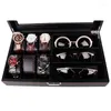 Watch Boxes Jewellery Display Storage Box Leather Sunglass Organizer Case Holder For 6 Watches And 3 Eyeglasses