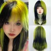Sentetik peruklar vicwig sentetik kısa siyah yeşil karışım kadınlar düz peruklar patlama ile lolita cosplay doğal saç peruk için günlük parti 240329