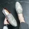 Shoes New Men's Pointed Silver Rivet Loafter Patent Leather Casual Shoes Male Formal Wedding Dress Homecoming Sapato Social Masculino