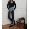 Jeans da donna di alta qualità!Pantaloni a matita con piedini sottili e sottili in pelle di collisione di colore in vita femminile di nicchia