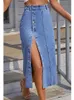 Женская джинсовая юбка трапециевидной формы с боковым разрезом и высокой талией, офисные женские черные, синие джинсовые юбки миди, осенне-зимняя длинная юбка 240319