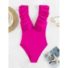 Kobiety stroju kąpielowego 2024 Plisted zintegrowany strój kąpielowy Nowy głębokie ramię kąpielowe Top Women Summer Solid Swimsuit Play Suit J240319