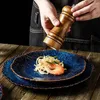 Piatti Piatto occidentale in ceramica blu retrò europeo El Restaurant Bistecca Pasta Tinta unita Rotondo