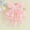 Robes de fille né bébé robe à fleurs brodé manches bouffantes Tulle Tutu formelle fête de mariage Pageant robe de bal