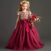 Flower Party Dress for Girls Elegant Oneck Lace Bow Belt Birthday Pageant Ball Gown Tulle Formal Wedding 2024 240313