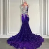 Sparkly Sequined Purple Prom Dresses Black Girls Luxury Beaded Tassel Long Evening Gowns Sheer Neck Party Occasion Graduation Gowns BC18420