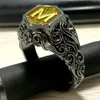 Declaração de moda vintage preto masculino 14k anéis de ouro cor de ouro escultura m carta sinete steampunk anéis para presente festa jóias de luxo