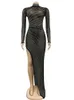 Beyprern Womens High Slit Crystal Long Maxi Dress Sparkle Sheer Mesh Diamonds Party Dresses Clubwear Christmas Outfits 240315