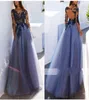 2022 Blue Aline Empire Waist Prom Dress With Illusion Long Sleeve 3D Floral Applique Bateau Open Back Formal Gowns Evening Dress 5289974