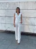 Women's Two Piece Pants Loose White Lace Set Women Fashion Sleeveless V-neck Vest High Waist Trouser Suit Lady Casual Office Outfit