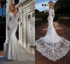 Trumpet Mermaid Boho Wedding Dresses with Long Sleeves V Neck Lace Appliqued Bridal Gowns Court Train Illusion Back Slim Fitted Elegant Satin Robes De Mariee YD
