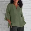 캐주얼 드레스 여름 단색 3 쿼터 슬리브 코튼 린넨 V- 넥 티셔츠 상단 짧은 셔츠 느슨한 슬릿 대형 여성