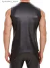 Men's Tank Tops S-7XL Sleeveless Faux PU Leather Tank Top Deep V-neck Bandage Vest Tanktop Tight Bodybuilding Hot Shapers Muscle Shirt Shapewear L240319